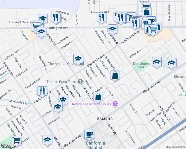 map of restaurants, bars, coffee shops, grocery stores, and more near 4126 Eileen Street in Riverside