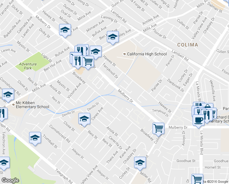 map of restaurants, bars, coffee shops, grocery stores, and more near 14410 Mulberry Drive in Whittier