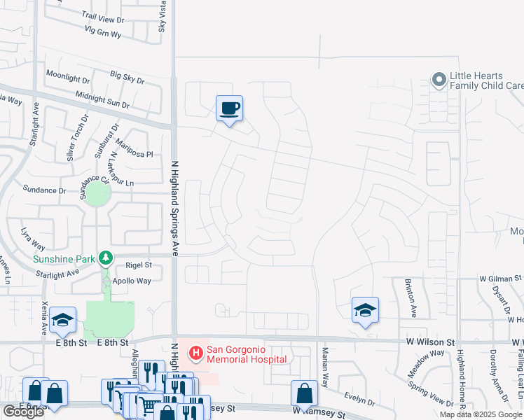 map of restaurants, bars, coffee shops, grocery stores, and more near 1525 Horizon Avenue in Banning