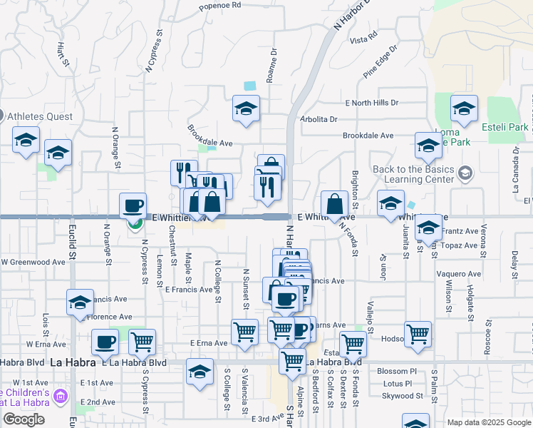 map of restaurants, bars, coffee shops, grocery stores, and more near 1041 East Whittier Boulevard in La Habra