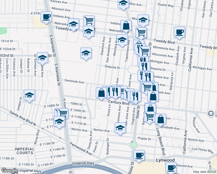 map of restaurants, bars, coffee shops, grocery stores, and more near 10520 Montara Avenue in South Gate