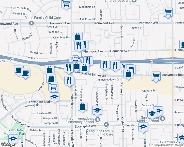 map of restaurants, bars, coffee shops, grocery stores, and more near 23166 Sunnymead Boulevard in Moreno Valley