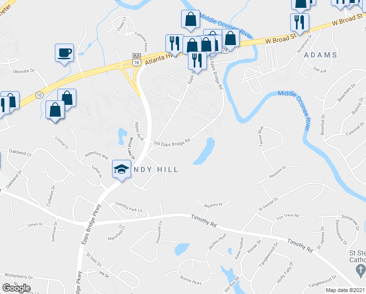 map of restaurants, bars, coffee shops, grocery stores, and more near 401 Old Epps Bridge Road in Athens