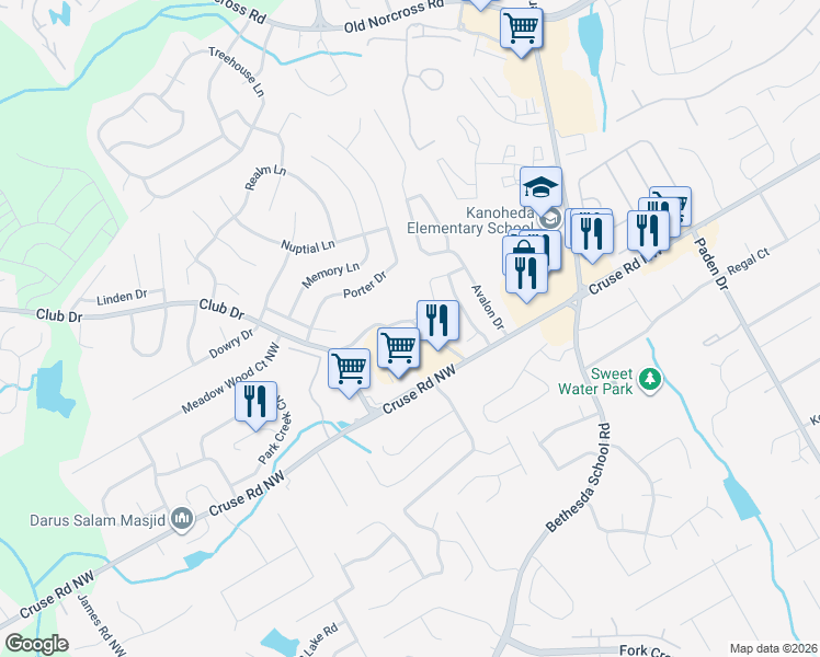 map of restaurants, bars, coffee shops, grocery stores, and more near 1072 Primrose View Circle Northwest in Lawrenceville