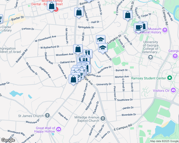 map of restaurants, bars, coffee shops, grocery stores, and more near 149 Morton Avenue in Athens