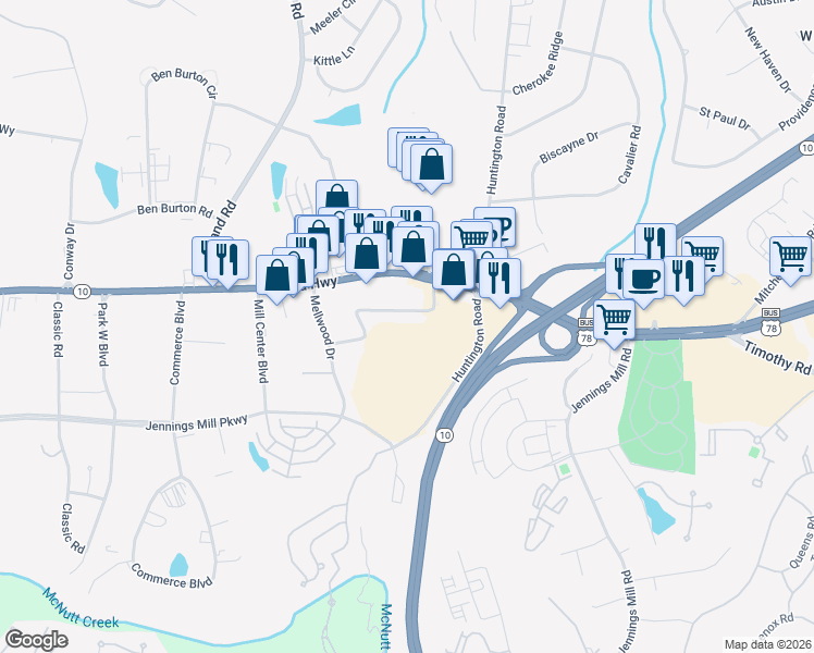 map of restaurants, bars, coffee shops, grocery stores, and more near 125 Arrowhead Road in Bogart