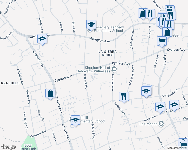 map of restaurants, bars, coffee shops, grocery stores, and more near 10702 Cypress Avenue in Riverside