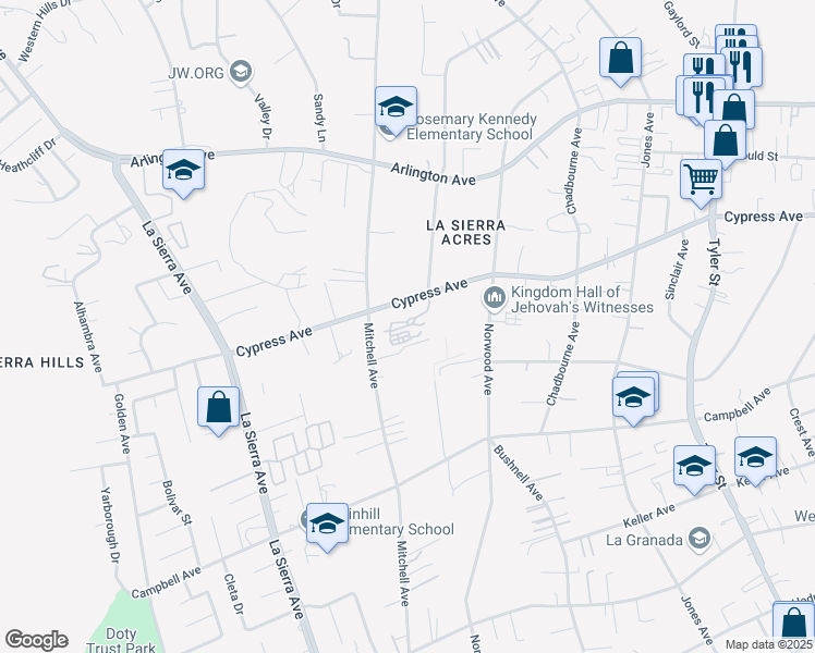 map of restaurants, bars, coffee shops, grocery stores, and more near 10702 Cypress Avenue in Riverside