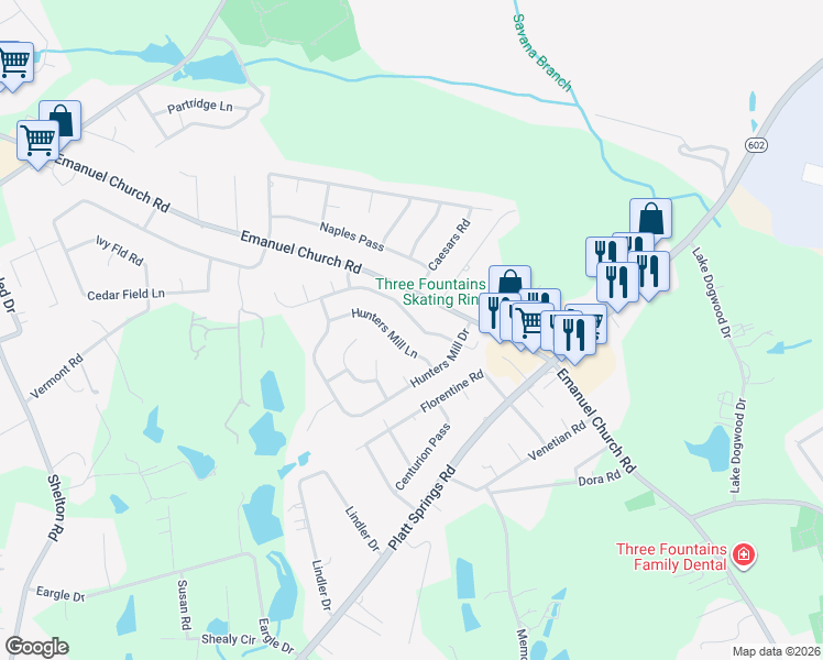 map of restaurants, bars, coffee shops, grocery stores, and more near 134 Hunters Mill Lane in West Columbia