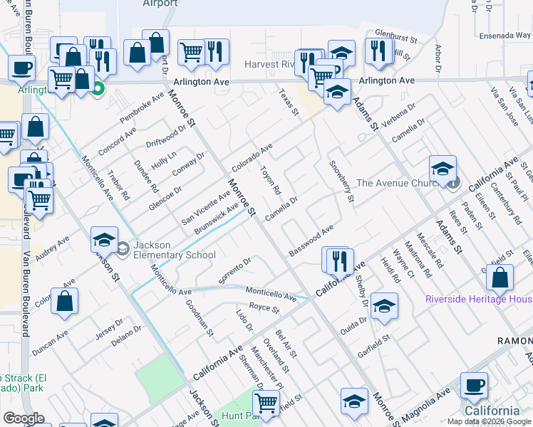 map of restaurants, bars, coffee shops, grocery stores, and more near 8699 Camelia Drive in Riverside