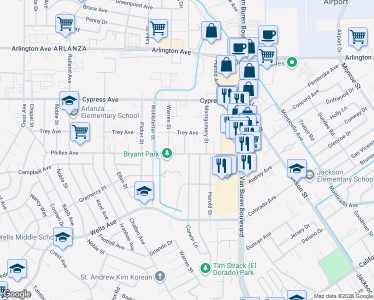 map of restaurants, bars, coffee shops, grocery stores, and more near 7830 Philbin Avenue in Riverside