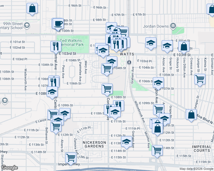 map of restaurants, bars, coffee shops, grocery stores, and more near 10623 Compton Avenue in Los Angeles
