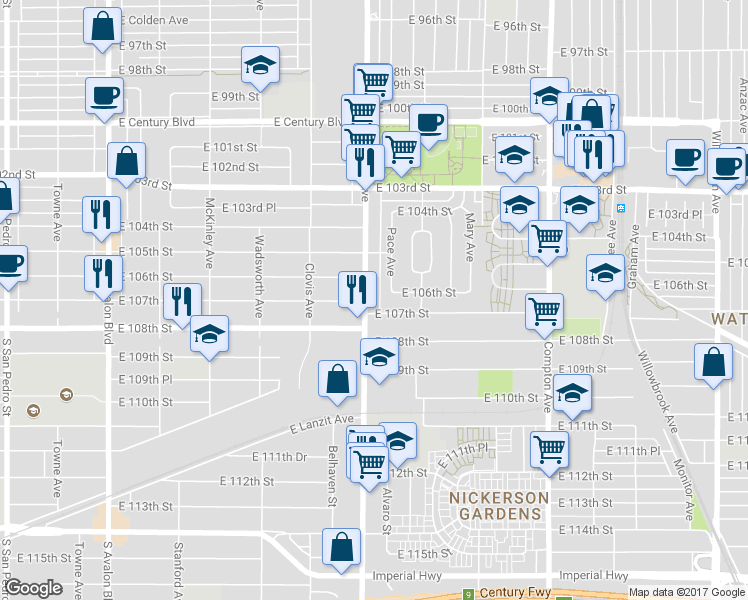 map of restaurants, bars, coffee shops, grocery stores, and more near 1209 East 107th Street in Los Angeles