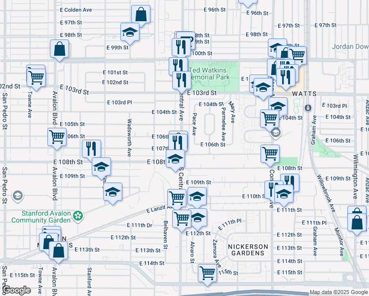 map of restaurants, bars, coffee shops, grocery stores, and more near 1209 East 107th Street in Los Angeles