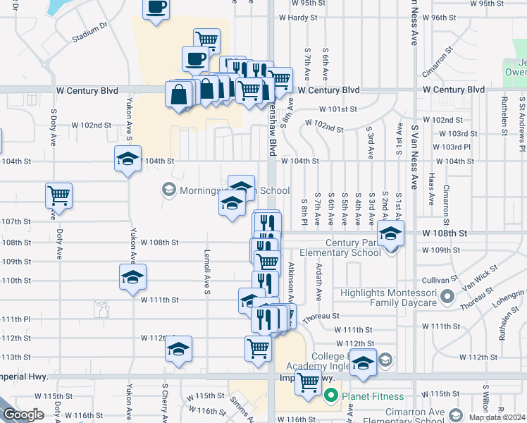 map of restaurants, bars, coffee shops, grocery stores, and more near 10711 South 10th Avenue in Inglewood