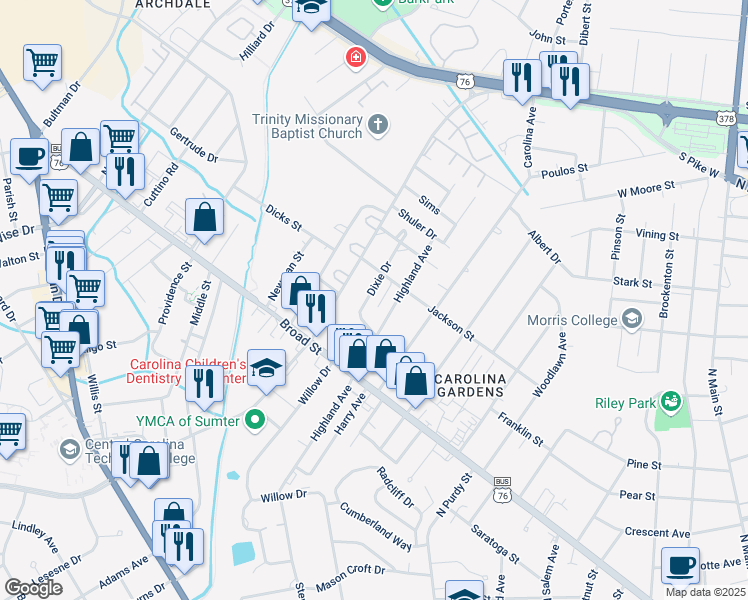 map of restaurants, bars, coffee shops, grocery stores, and more near 132 Highland Avenue in Sumter