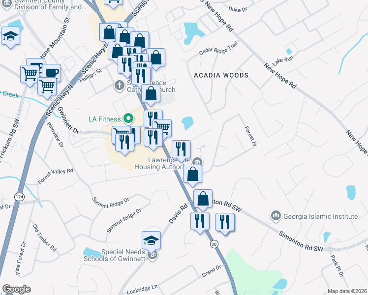 map of restaurants, bars, coffee shops, grocery stores, and more near 280 Kubol Drive in Lawrenceville