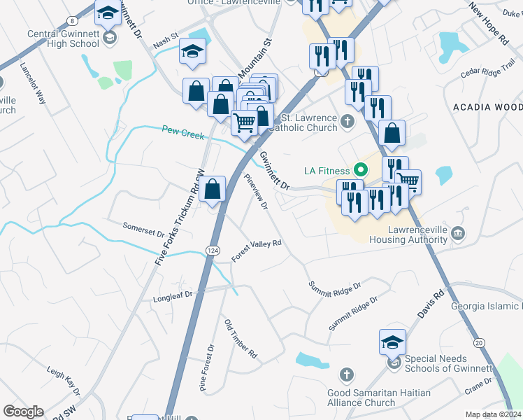 map of restaurants, bars, coffee shops, grocery stores, and more near 173 Oak Terrace in Lawrenceville