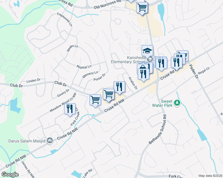 map of restaurants, bars, coffee shops, grocery stores, and more near 1072 Primrose View Circle Northwest in Lawrenceville