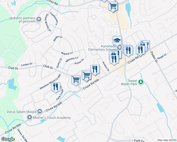 map of restaurants, bars, coffee shops, grocery stores, and more near 1112 Primrose View Circle Northwest in Lawrenceville