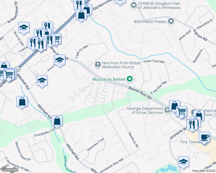 map of restaurants, bars, coffee shops, grocery stores, and more near 5364 Hickory Knoll Northwest in Norcross