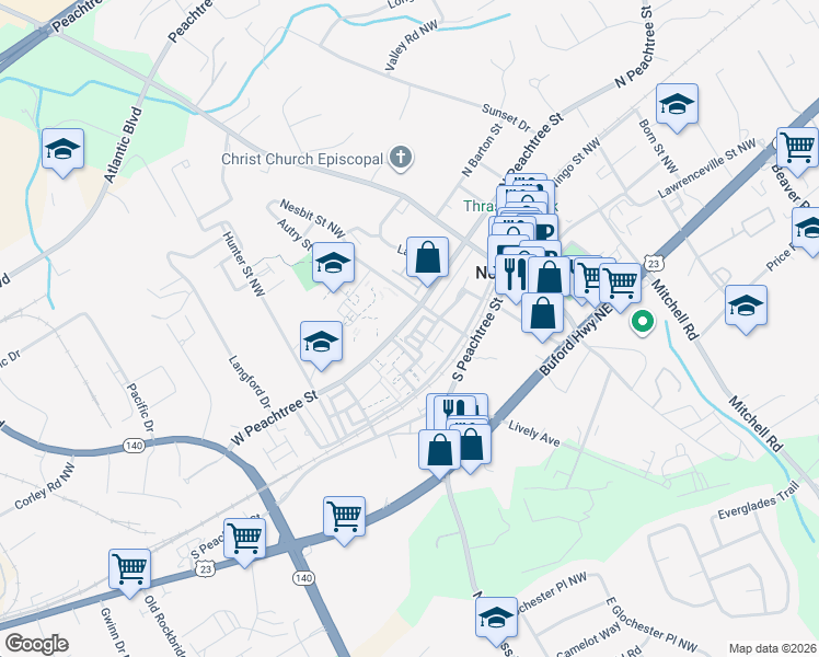 map of restaurants, bars, coffee shops, grocery stores, and more near 6075 Cushing Circle in Norcross