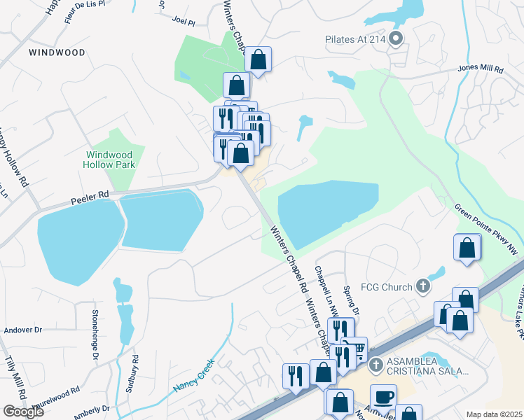 map of restaurants, bars, coffee shops, grocery stores, and more near 4920 Winters Chapel Road in Atlanta