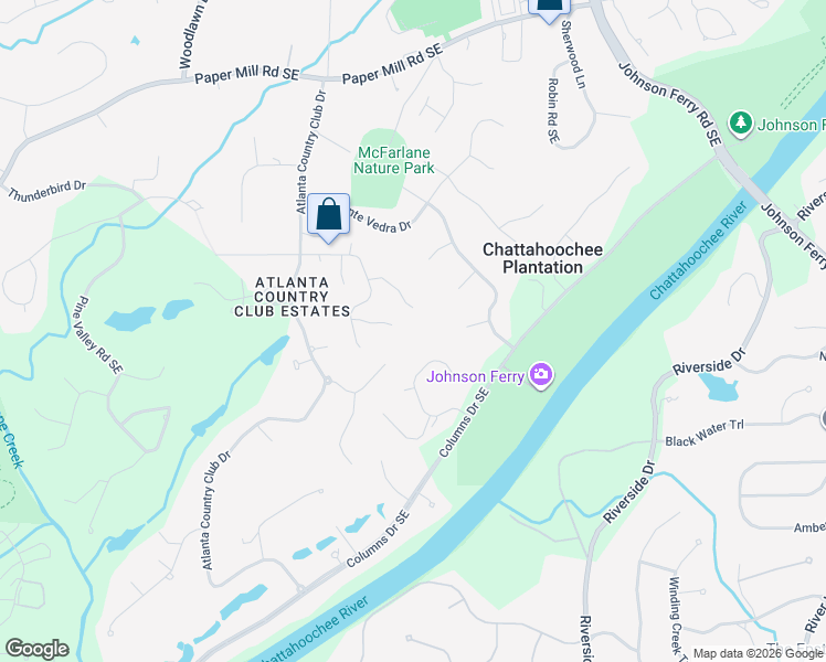 map of restaurants, bars, coffee shops, grocery stores, and more near 4616 Chattahoochee Crossing Southeast in Marietta