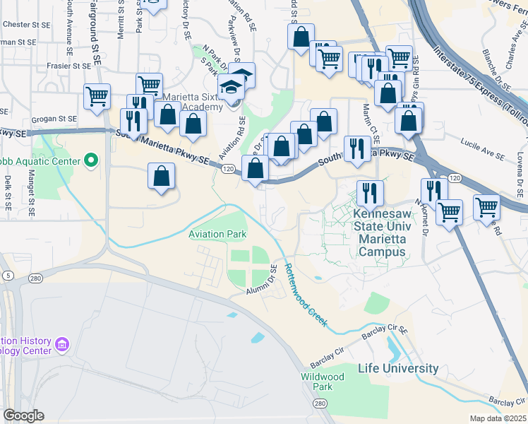 map of restaurants, bars, coffee shops, grocery stores, and more near 950 Hudson Road Southeast in Marietta