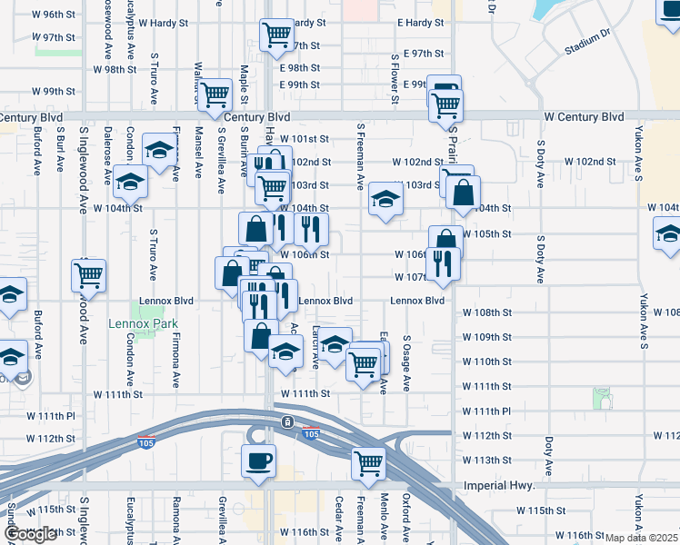map of restaurants, bars, coffee shops, grocery stores, and more near 4227 West 107th Street in Inglewood