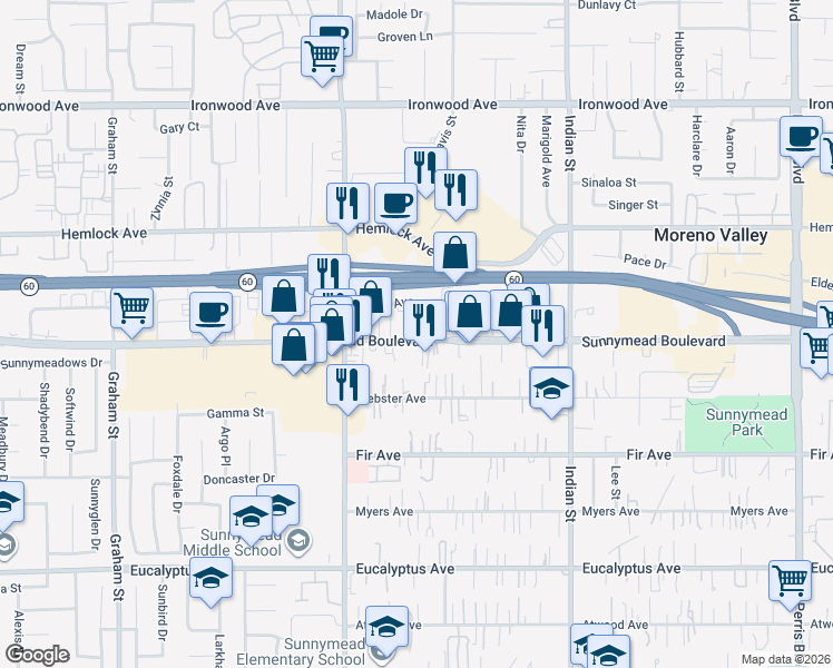 map of restaurants, bars, coffee shops, grocery stores, and more near 24170 Sunnymead Boulevard in Moreno Valley