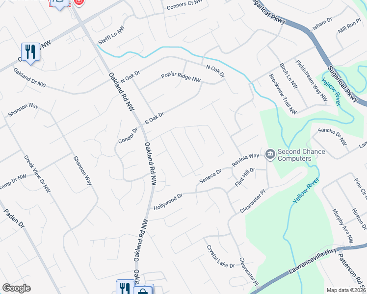 map of restaurants, bars, coffee shops, grocery stores, and more near 545 Woodburn Lane in Lawrenceville