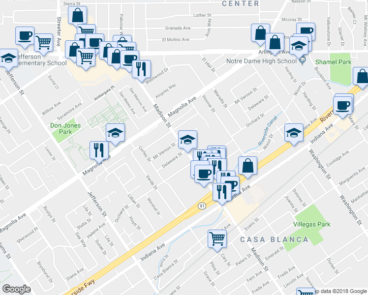 map of restaurants, bars, coffee shops, grocery stores, and more near 3683 Madison Street in Riverside