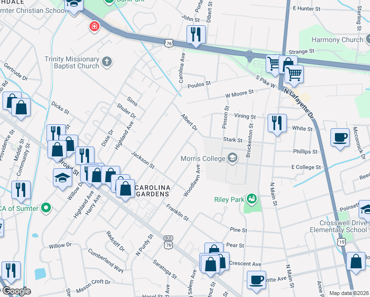 map of restaurants, bars, coffee shops, grocery stores, and more near 136 Morgan Avenue in Sumter