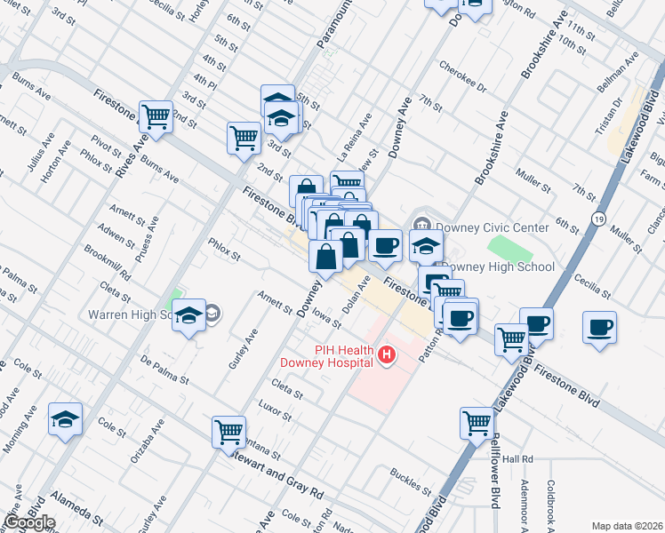 map of restaurants, bars, coffee shops, grocery stores, and more near 9438 Nance Street in Downey