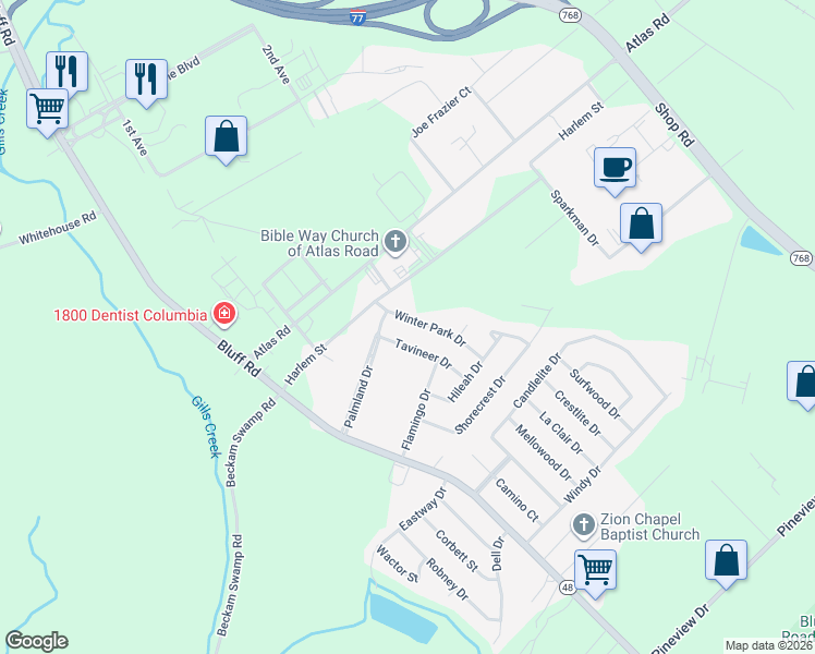 map of restaurants, bars, coffee shops, grocery stores, and more near 4028 Winter Park Drive in Columbia