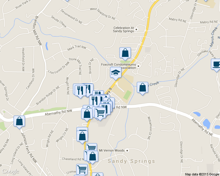 map of restaurants, bars, coffee shops, grocery stores, and more near 6700 Roswell Road Northeast in Atlanta