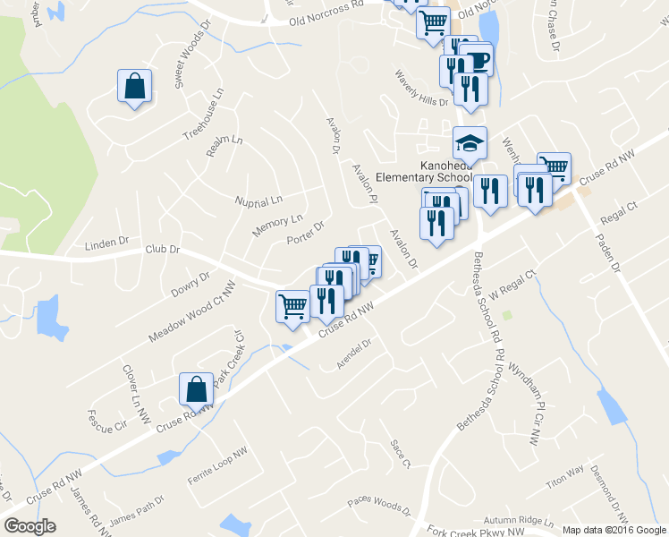 map of restaurants, bars, coffee shops, grocery stores, and more near 1222 Primrose View Circle Northwest in Lawrenceville