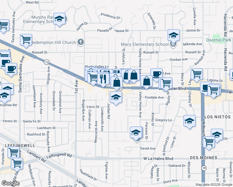 map of restaurants, bars, coffee shops, grocery stores, and more near 16428 Whittier Boulevard in Whittier
