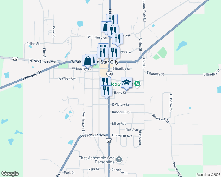 map of restaurants, bars, coffee shops, grocery stores, and more near 425 North Lincoln Avenue in Star City