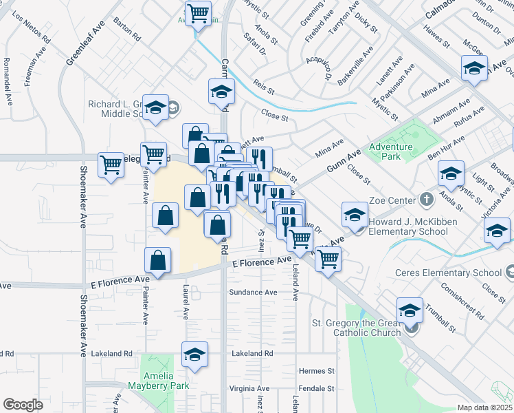 map of restaurants, bars, coffee shops, grocery stores, and more near 13473 Telegraph Road in Whittier