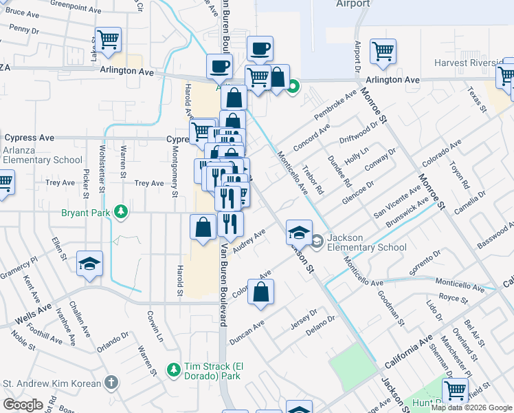 map of restaurants, bars, coffee shops, grocery stores, and more near 4790 Jackson Street in Riverside