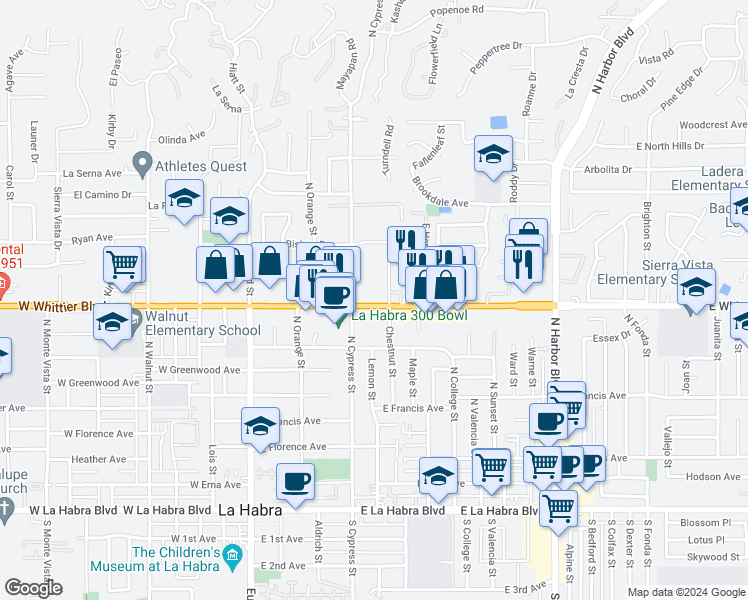 map of restaurants, bars, coffee shops, grocery stores, and more near 461 East Whittier Boulevard in La Habra