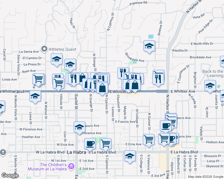 map of restaurants, bars, coffee shops, grocery stores, and more near 441 East Whittier Boulevard in La Habra