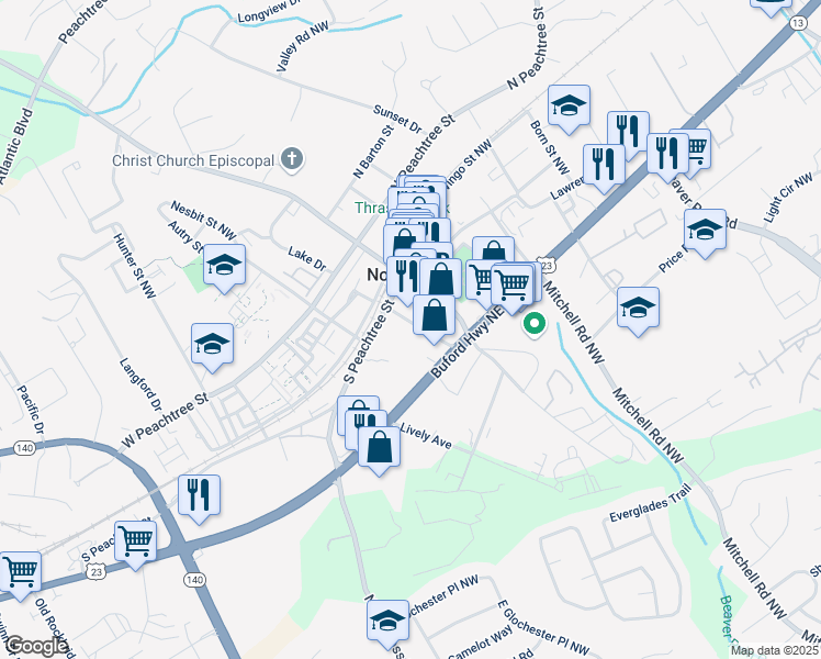 map of restaurants, bars, coffee shops, grocery stores, and more near 148 Carlyle Street Northwest in Norcross