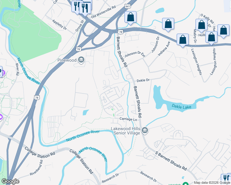map of restaurants, bars, coffee shops, grocery stores, and more near 490 South Barnett Shoals Road in Athens