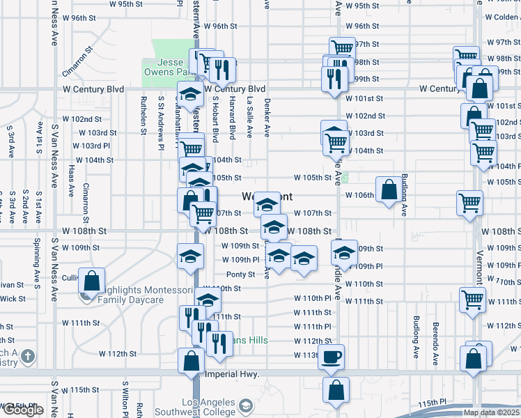 map of restaurants, bars, coffee shops, grocery stores, and more near 1606 West 107th Street in Los Angeles