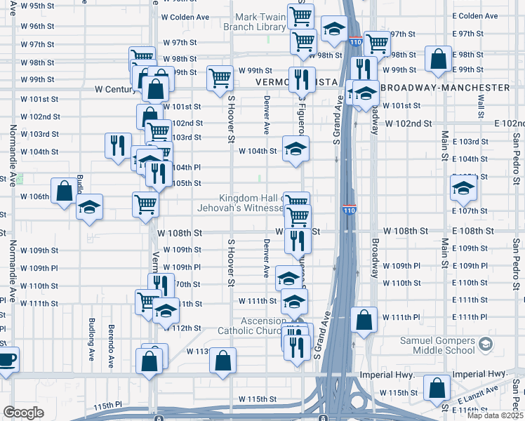 map of restaurants, bars, coffee shops, grocery stores, and more near 605 West 107th Street in Los Angeles