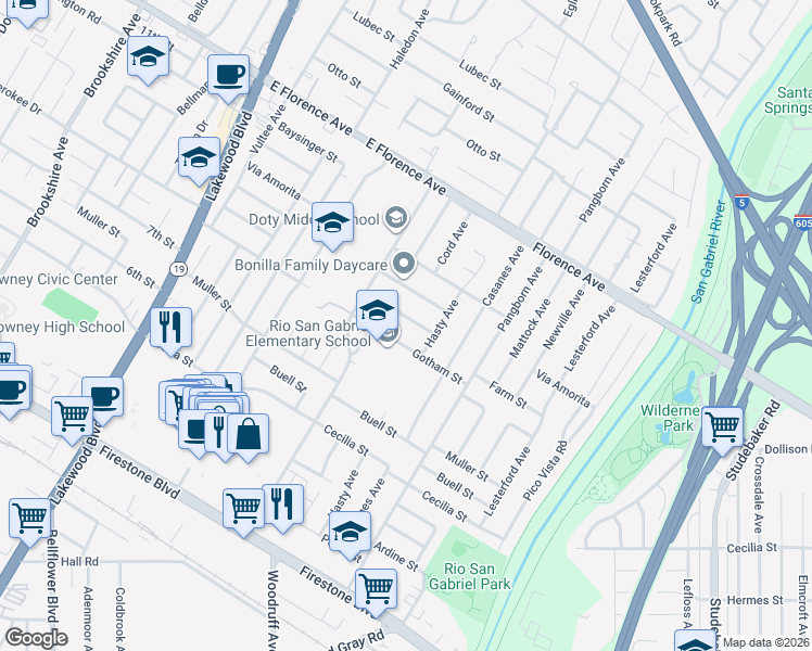 map of restaurants, bars, coffee shops, grocery stores, and more near 9356 Farm Street in Downey