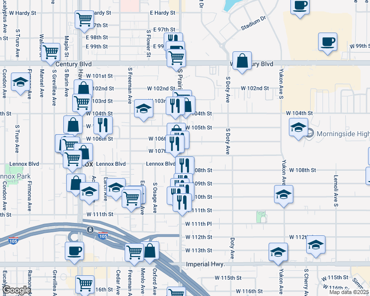 map of restaurants, bars, coffee shops, grocery stores, and more near 10612 South Prairie Avenue in Inglewood